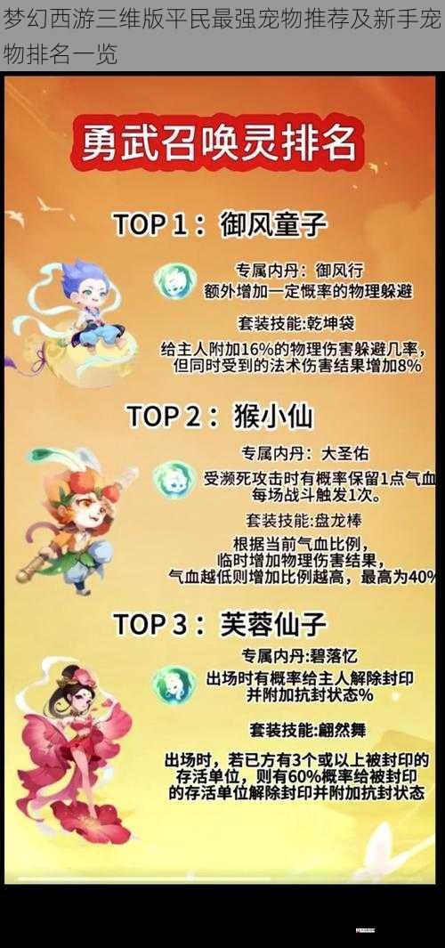 梦幻西游三维版平民最强宠物推荐及新手宠物排名一览