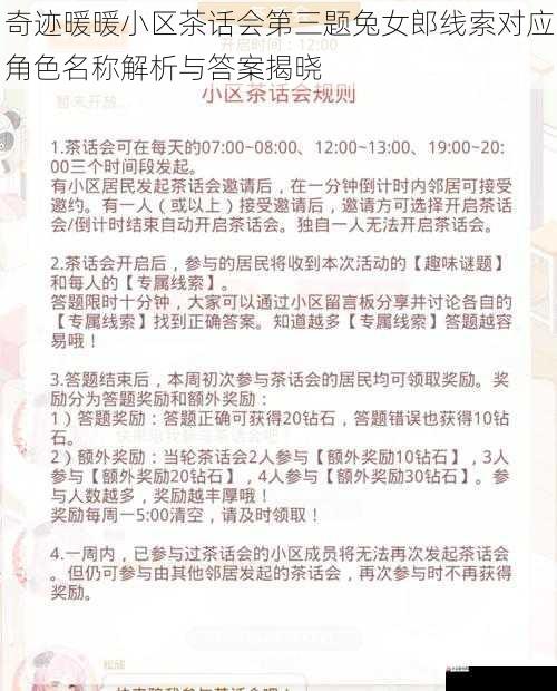 奇迹暖暖小区茶话会第三题兔女郎线索对应角色名称解析与答案揭晓